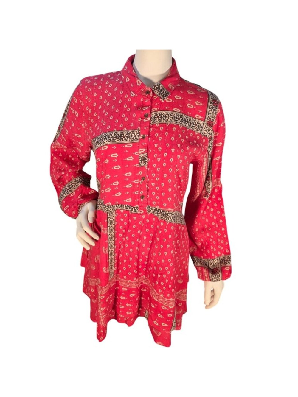 En Crème Boho Bandana Patchwork Red Western Shirt Mini Dress L